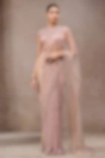 Blush Pink Soft Net Sequins Embroidered Bridal Saree Set by Tarun Tahiliani at Pernia's Pop Up Shop