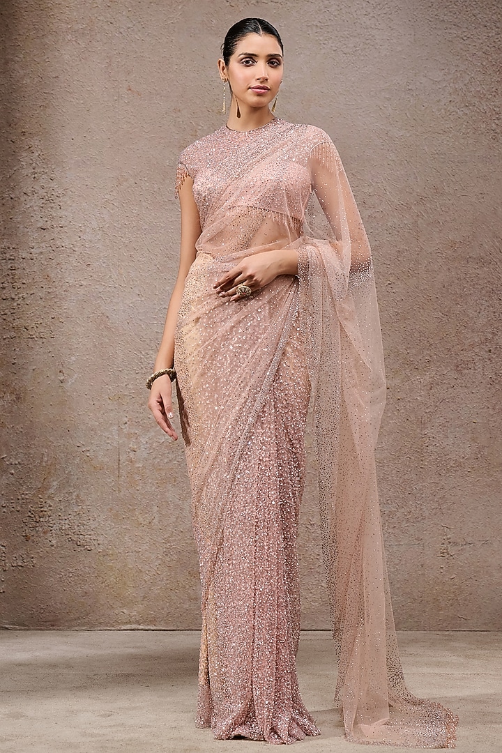 Blush Pink Soft Net Sequins Embroidered Bridal Saree Set by Tarun Tahiliani at Pernia's Pop Up Shop