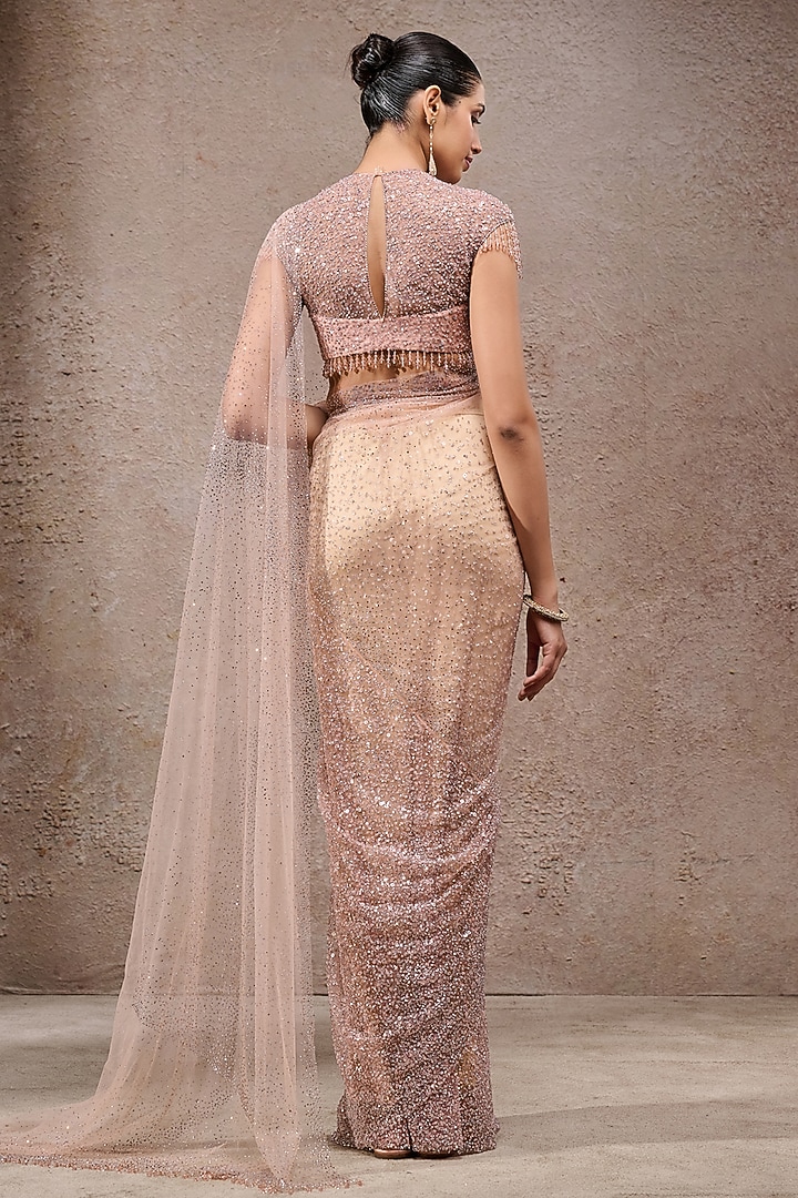 Blush Pink Soft Net Sequins Embroidered Bridal Saree Set by Tarun Tahiliani at Pernia's Pop Up Shop
