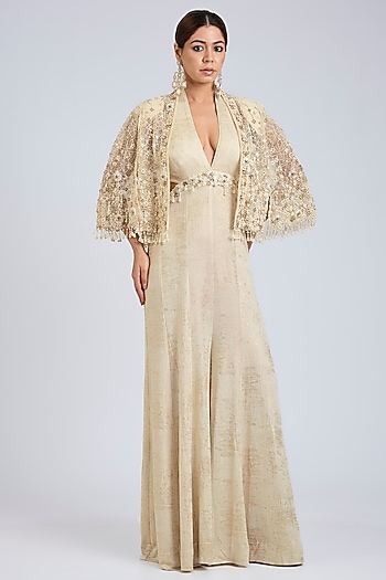 Ivory Foil Jersey Jumpsuit With Embroidered Cape by Tarun Tahiliani