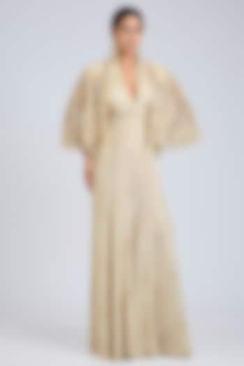 Ivory Foil Jersey Jumpsuit With Embroidered Cape by Tarun Tahiliani at Pernia's Pop Up Shop