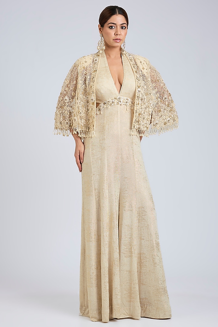 Ivory Foil Jersey Jumpsuit With Embroidered Cape by Tarun Tahiliani at Pernia's Pop Up Shop