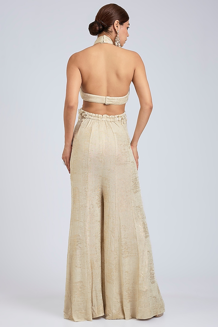 Ivory Foil Jersey Jumpsuit With Embroidered Cape by Tarun Tahiliani at Pernia's Pop Up Shop