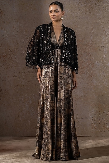 Black Foil Jersey Embroidered Jumpsuit With Cape by Tarun Tahiliani