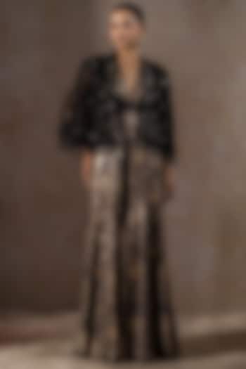 Black Foil Jersey Embroidered Jumpsuit With Cape by Tarun Tahiliani at Pernia's Pop Up Shop