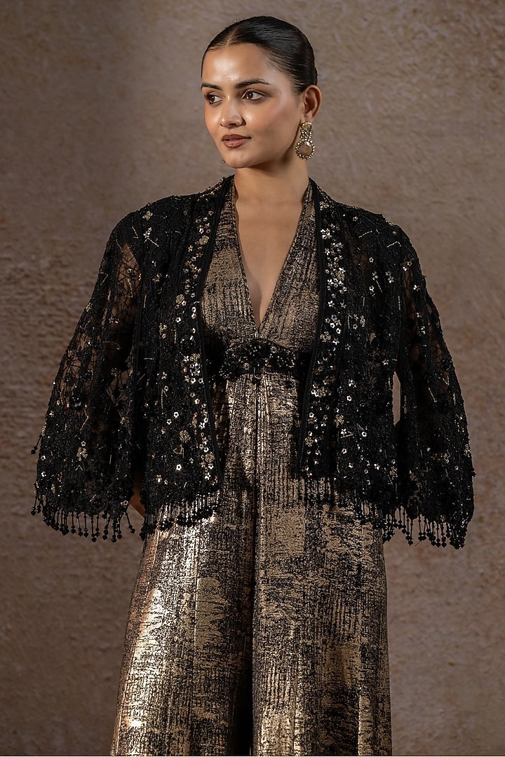 Black Foil Jersey Embroidered Jumpsuit With Cape by Tarun Tahiliani at Pernia's Pop Up Shop