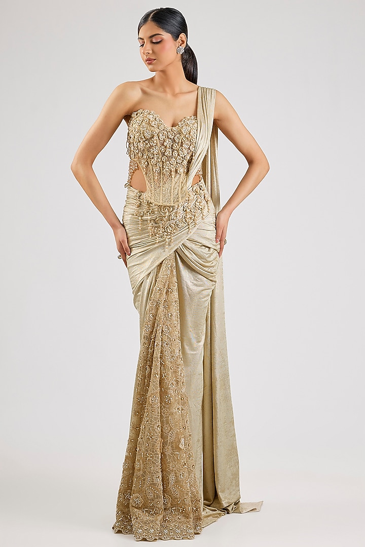 Ivory-Gold Jersey Concept Bridal Saree Set by Tarun Tahiliani at Pernia's Pop Up Shop