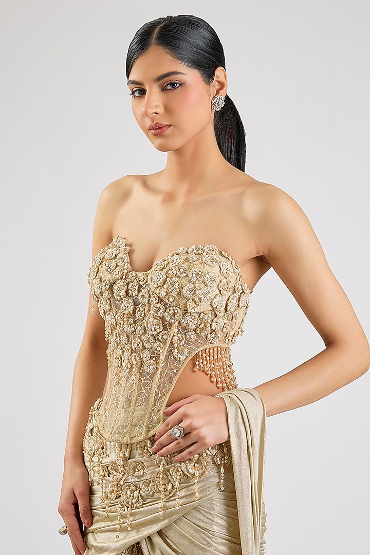 Ivory-Gold Jersey Concept Bridal Saree Set by Tarun Tahiliani at Pernia's Pop Up Shop