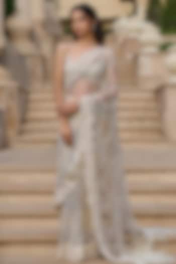 Ivory Tulle & Lace Embellished Bridal Saree Set by Tarun Tahiliani at Pernia's Pop Up Shop