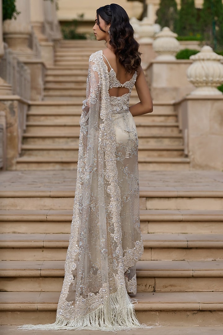 Ivory Tulle & Lace Embellished Bridal Saree Set by Tarun Tahiliani at Pernia's Pop Up Shop