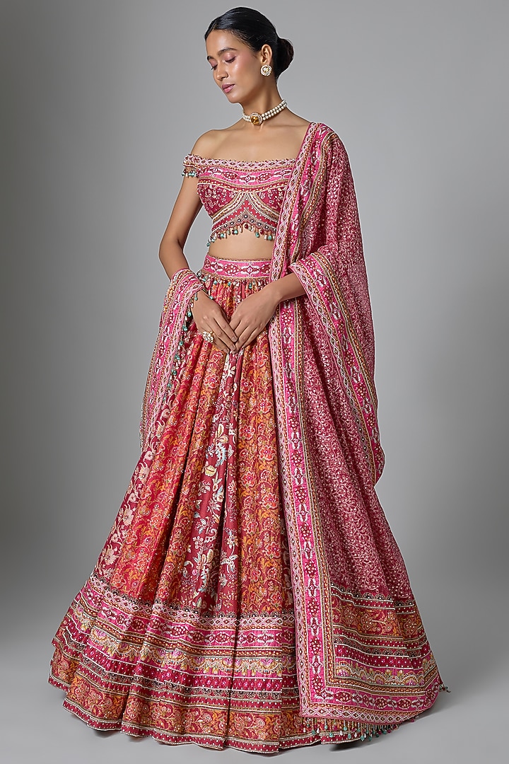 Multi-Colored Silk Dupion Kashida Embroidered Bridal Lehenga Set by Tarun Tahiliani at Pernia's Pop Up Shop