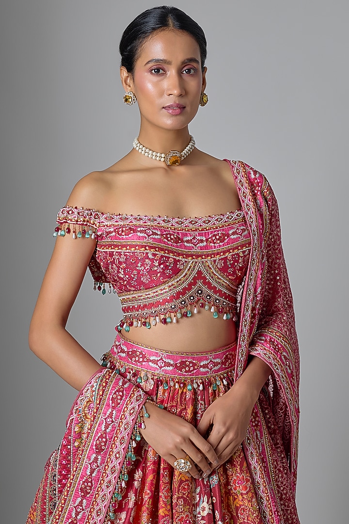 Multi-Colored Silk Dupion Kashida Embroidered Bridal Lehenga Set by Tarun Tahiliani at Pernia's Pop Up Shop