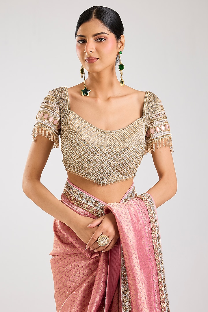 Fuchsia Banarasi Hand Embroidered Bridal Saree Set by Tarun Tahiliani at Pernia's Pop Up Shop