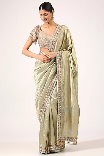 Sea Green Brocade Sequin Embroidered Banarasi Saree Set by Tarun Tahiliani