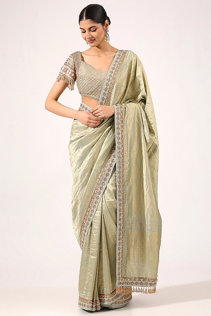 Sea Green Brocade Sequin Embroidered Banarasi Bridal Saree Set by Tarun Tahiliani at Pernia's Pop Up Shop