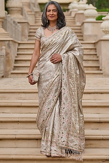 Golden Kanjivaram Thread Embroidered Saree Set by Tarun Tahiliani