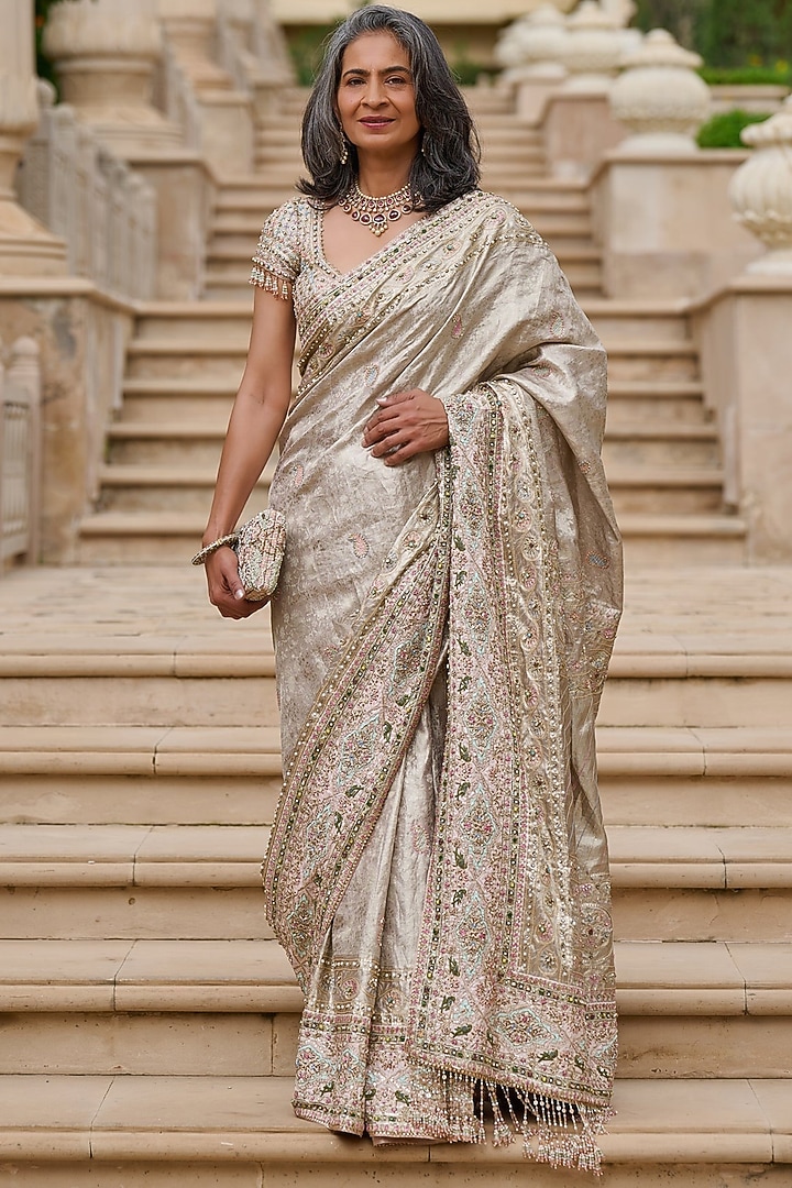 Golden Kanjivaram Thread Embroidered Bridal Saree Set by Tarun Tahiliani at Pernia's Pop Up Shop