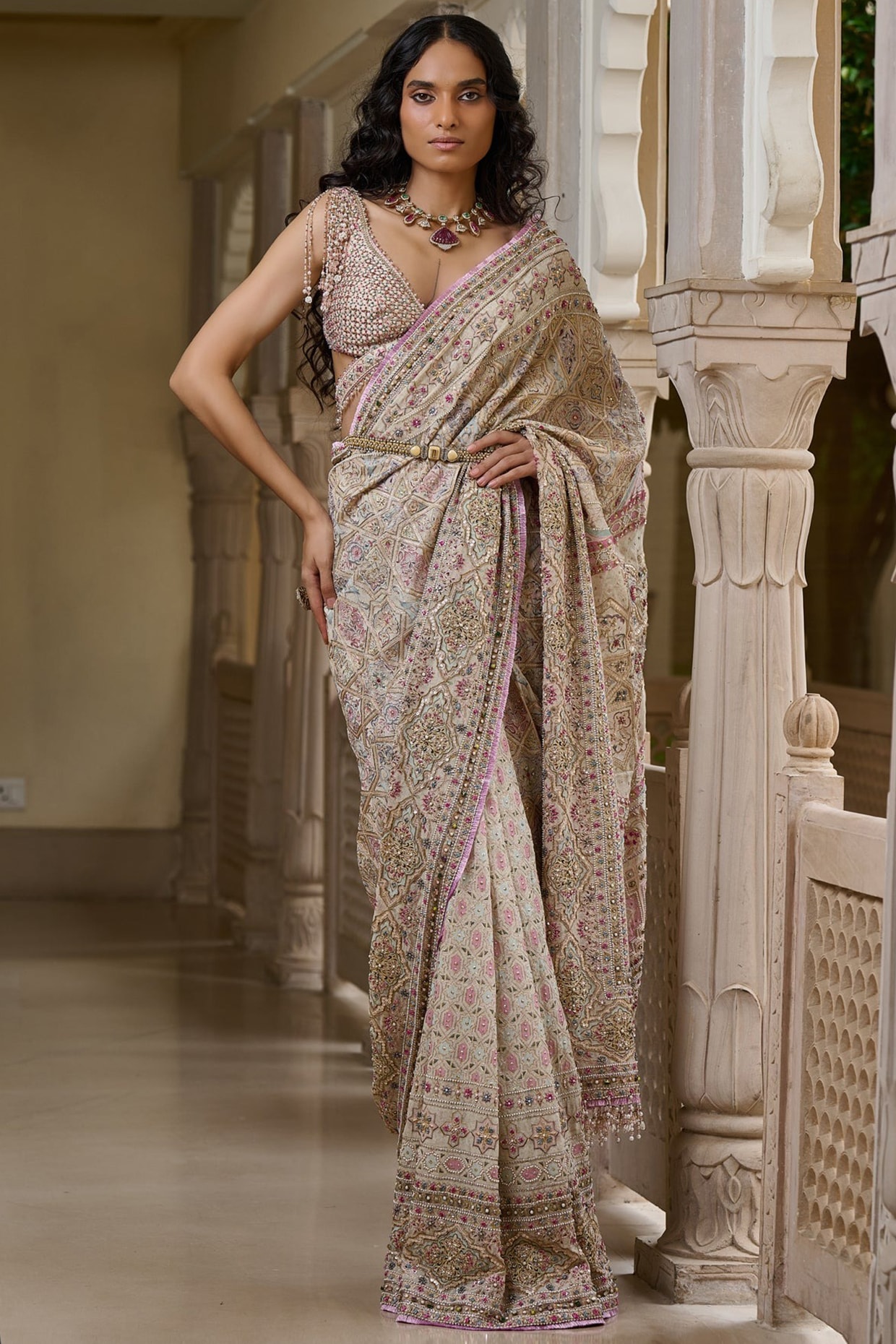 Tarun Tahiliani Multi-Colored Georgette Zardosi Embroidered Saree Set