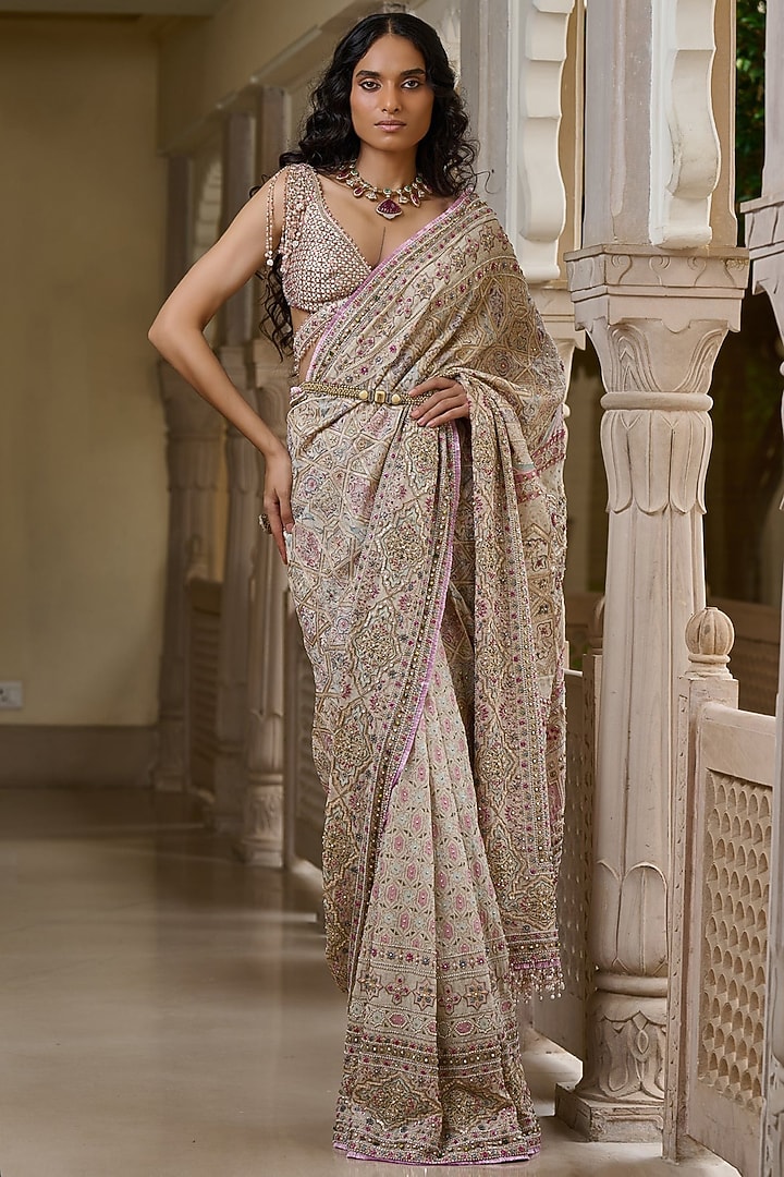 Multi-Colored Georgette Zardosi Embroidered Bridal Saree Set by Tarun Tahiliani at Pernia's Pop Up Shop