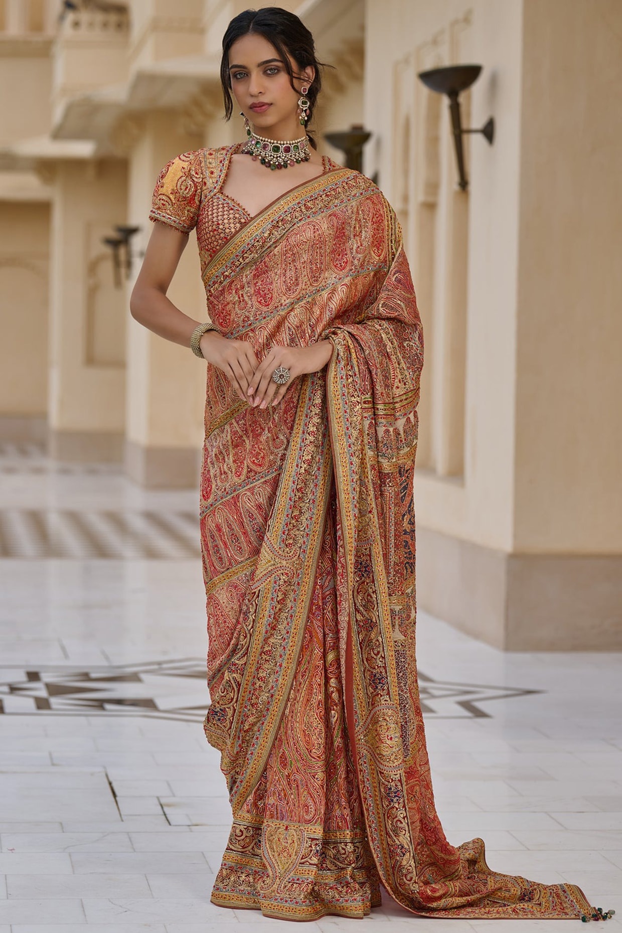 Tarun Tahiliani Multi-Colored Georgette Sequins Embroidered Saree Set