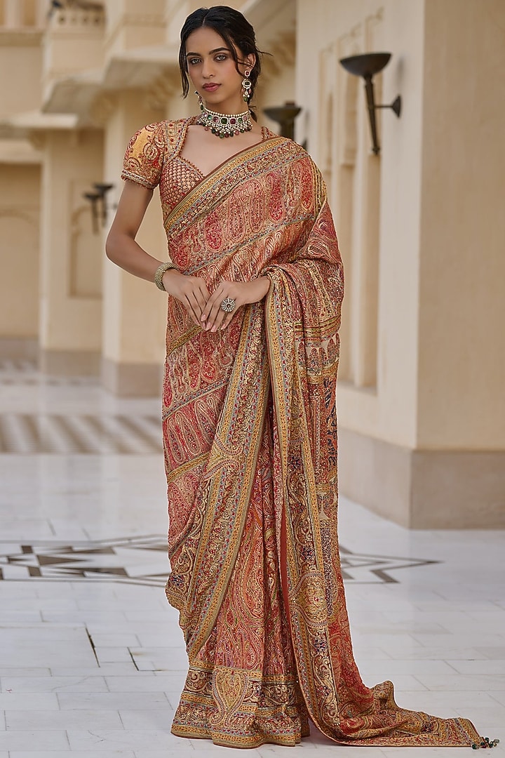 Multi-Colored Georgette Sequins Embroidered Bridal Saree Set by Tarun Tahiliani at Pernia's Pop Up Shop
