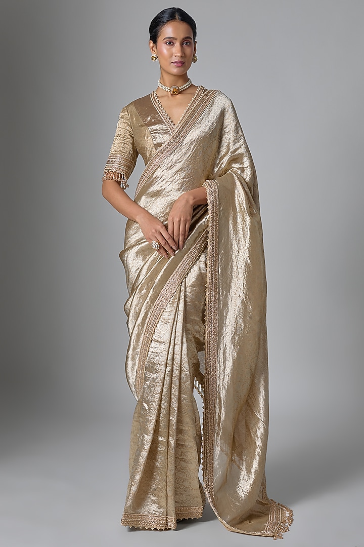 Gold Brocade Embellished Bridal Saree Set by Tarun Tahiliani at Pernia's Pop Up Shop