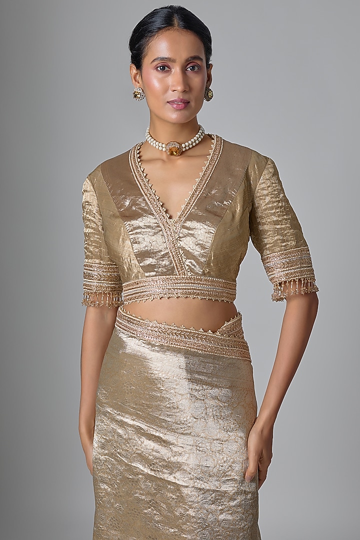 Gold Brocade Embellished Bridal Saree Set by Tarun Tahiliani at Pernia's Pop Up Shop