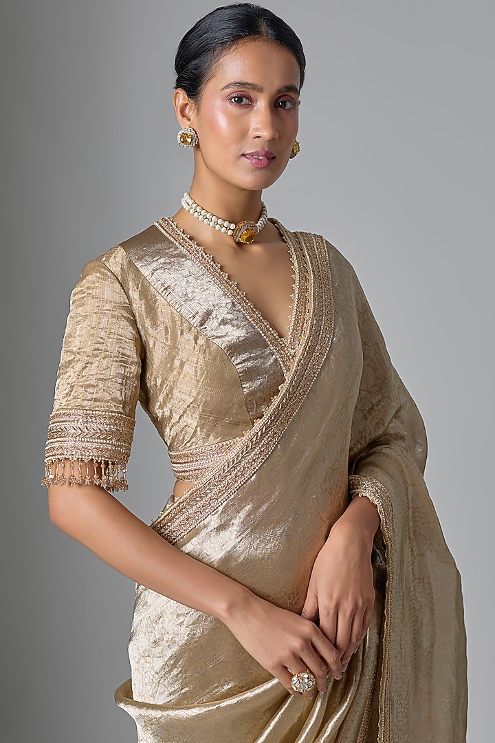 Gold Brocade Embellished Bridal Saree Set by Tarun Tahiliani at Pernia's Pop Up Shop