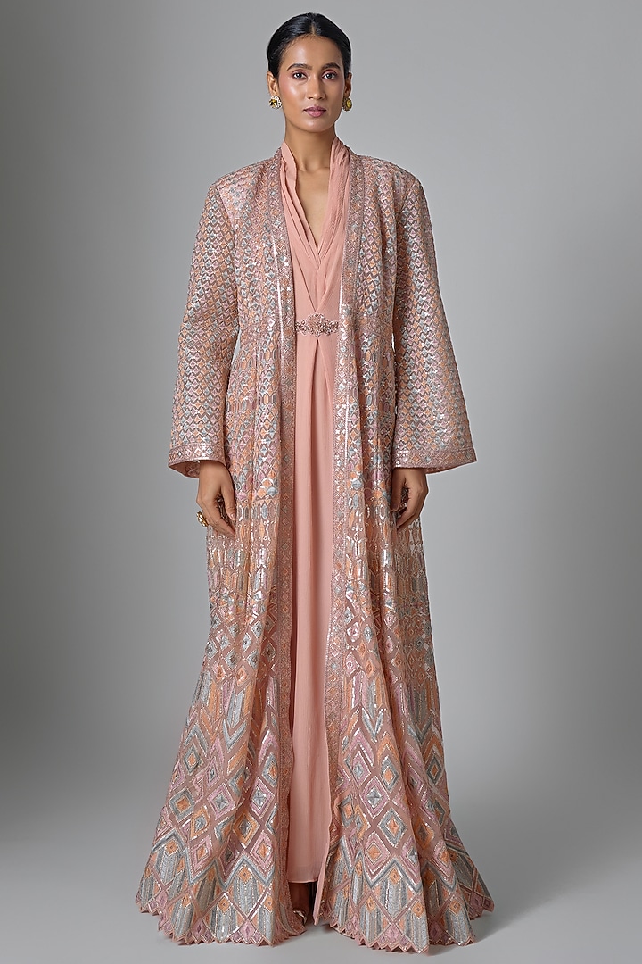 Blush Pink Chiffon Draped Jacket Party Wear Dress by Tarun Tahiliani at Pernia's Pop Up Shop