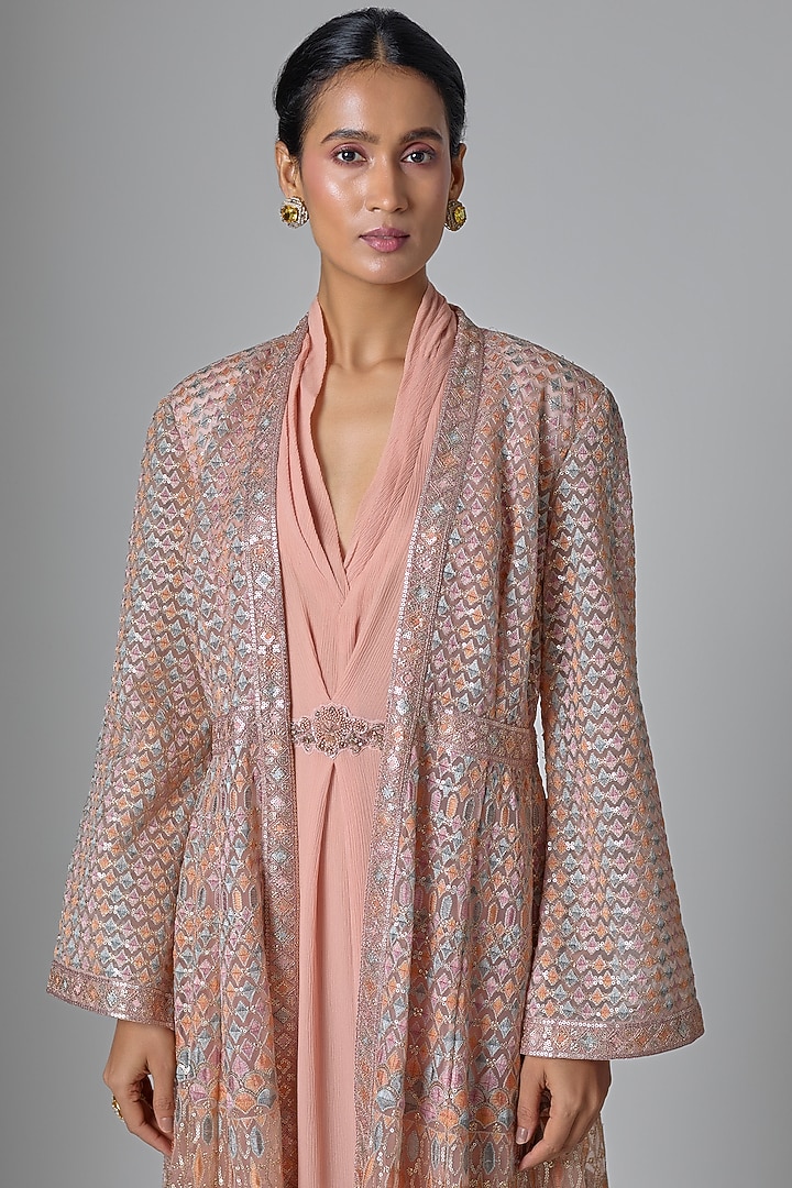Blush Pink Chiffon Draped Jacket Party Wear Dress by Tarun Tahiliani at Pernia's Pop Up Shop