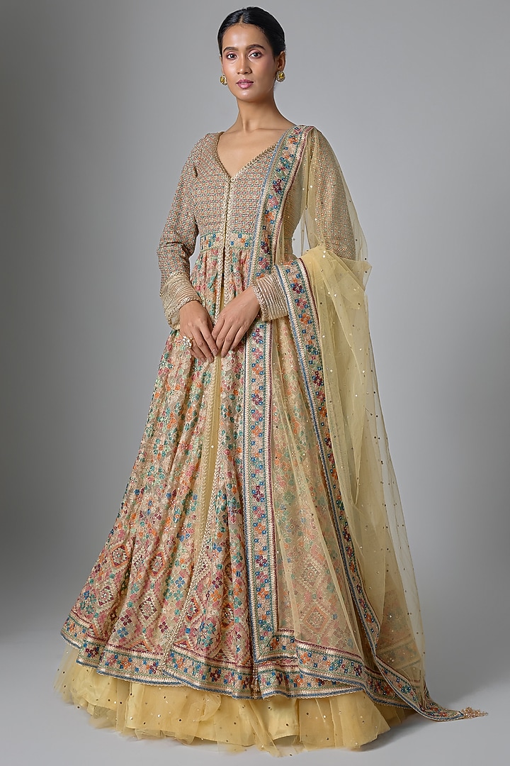 Beige Tulle Embroidered Bridal Anarkali Set by Tarun Tahiliani at Pernia's Pop Up Shop