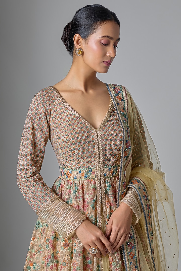 Beige Tulle Embroidered Bridal Anarkali Set by Tarun Tahiliani at Pernia's Pop Up Shop
