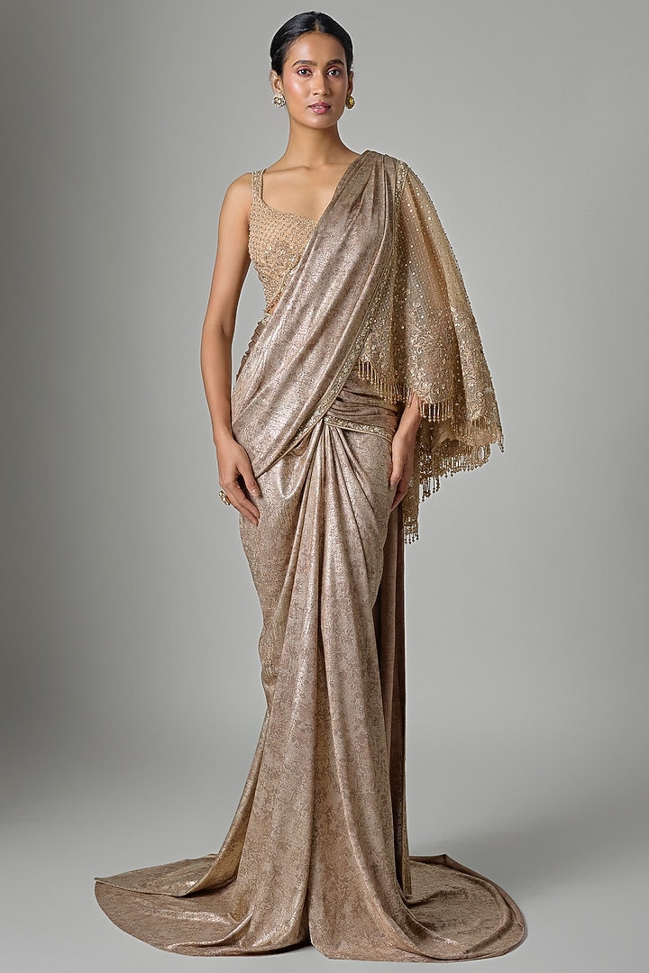 Gold Foil Jersey Hand Embellished Pre-Draped Bridal Saree Set by Tarun Tahiliani at Pernia's Pop Up Shop
