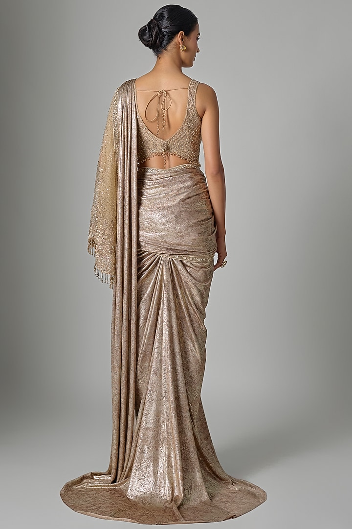 Gold Foil Jersey Hand Embellished Pre-Draped Bridal Saree Set by Tarun Tahiliani at Pernia's Pop Up Shop