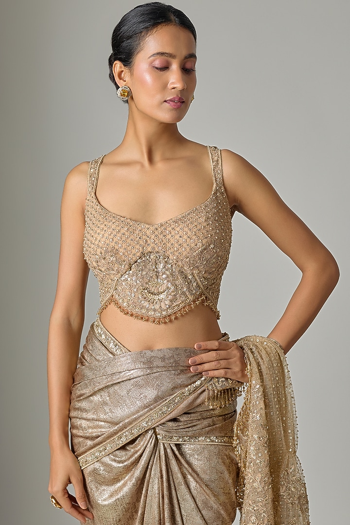 Gold Foil Jersey Hand Embellished Pre-Draped Bridal Saree Set by Tarun Tahiliani at Pernia's Pop Up Shop