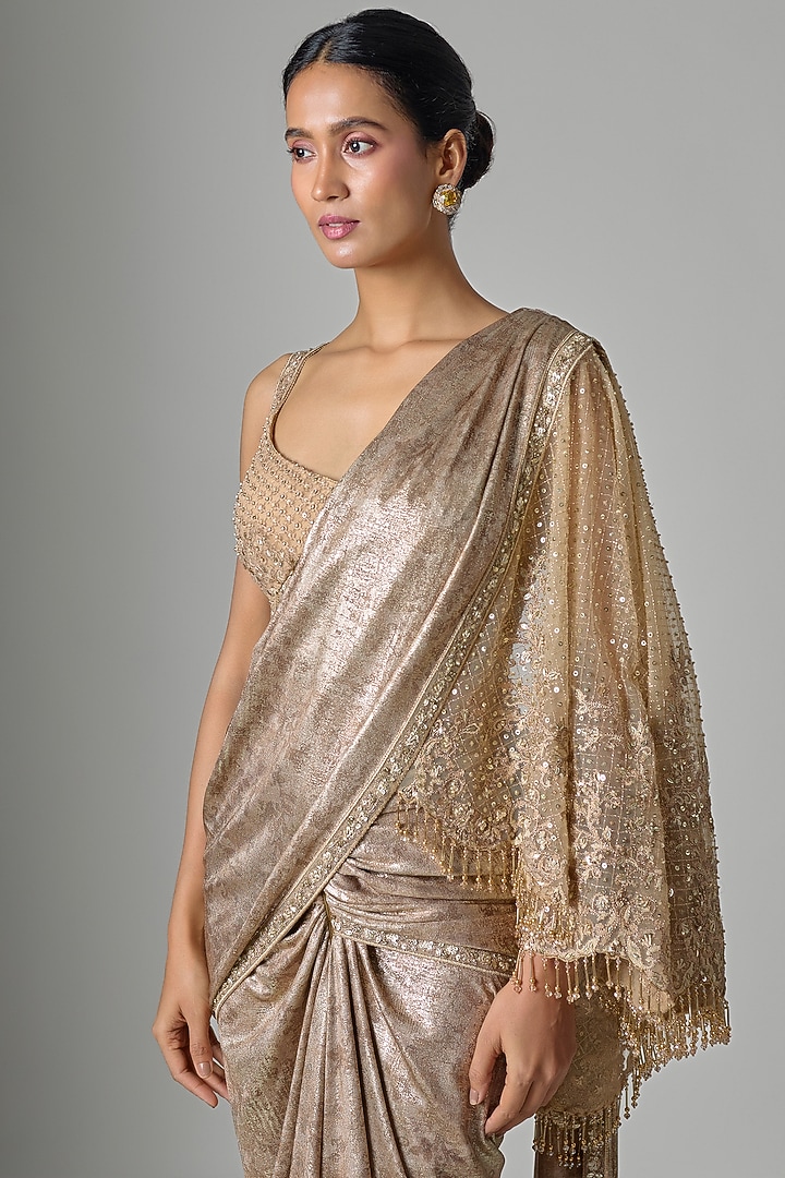 Gold Foil Jersey Hand Embellished Pre-Draped Bridal Saree Set by Tarun Tahiliani at Pernia's Pop Up Shop