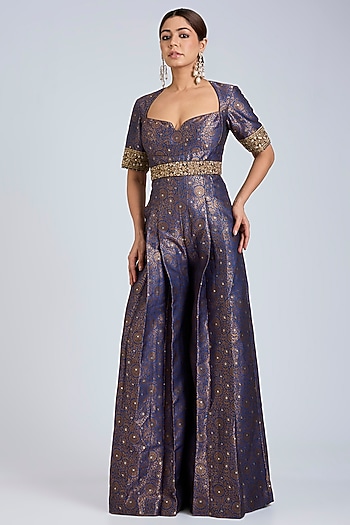 Blue Brocade Floral Woven Jumpsuit by Tarun Tahiliani