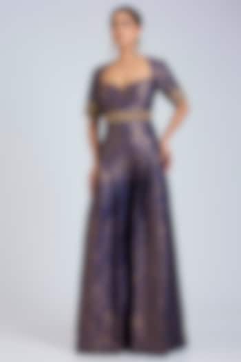 Blue Brocade Floral Woven Jumpsuit by Tarun Tahiliani at Pernia's Pop Up Shop