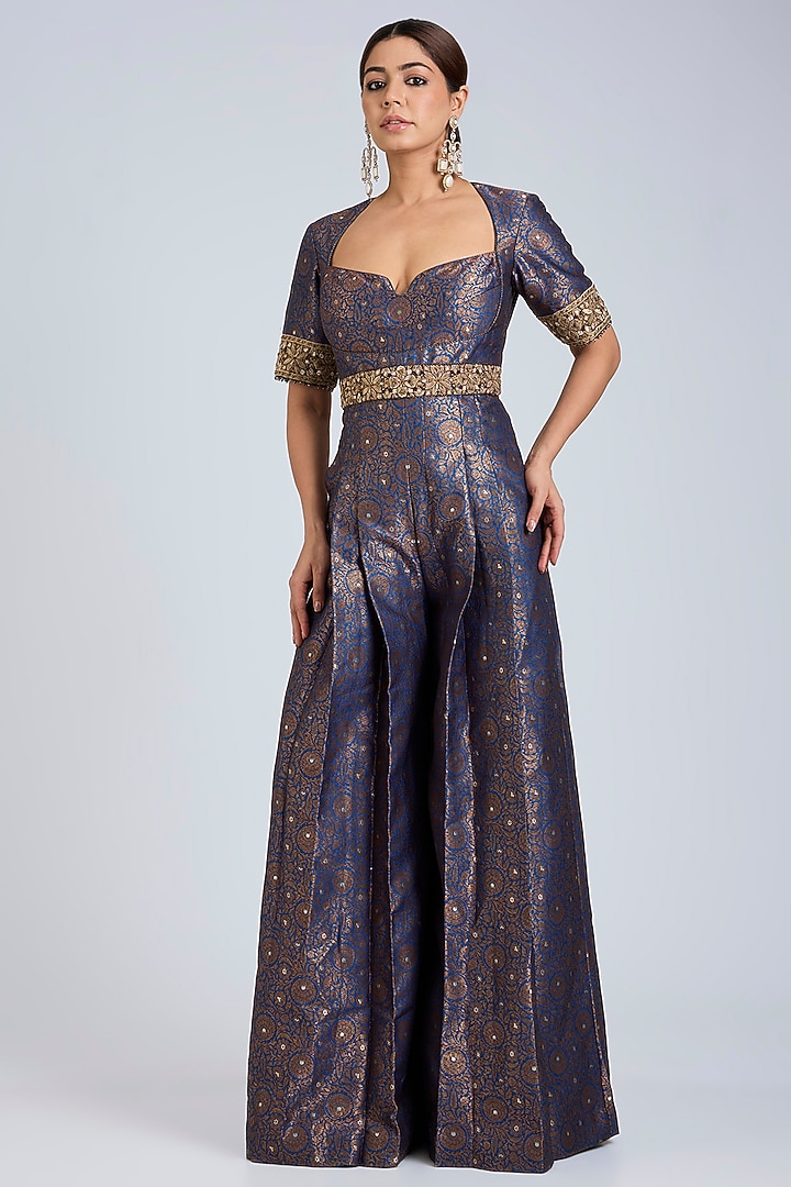 Blue Brocade Floral Woven Jumpsuit by Tarun Tahiliani at Pernia's Pop Up Shop