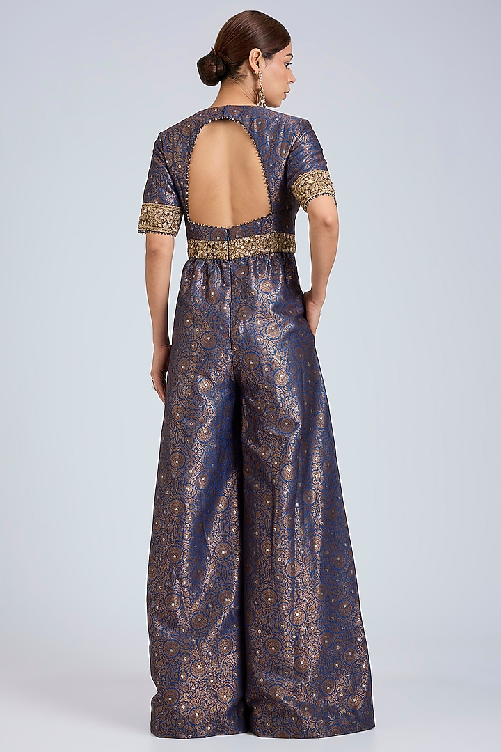 Blue Brocade Floral Woven Jumpsuit by Tarun Tahiliani at Pernia's Pop Up Shop