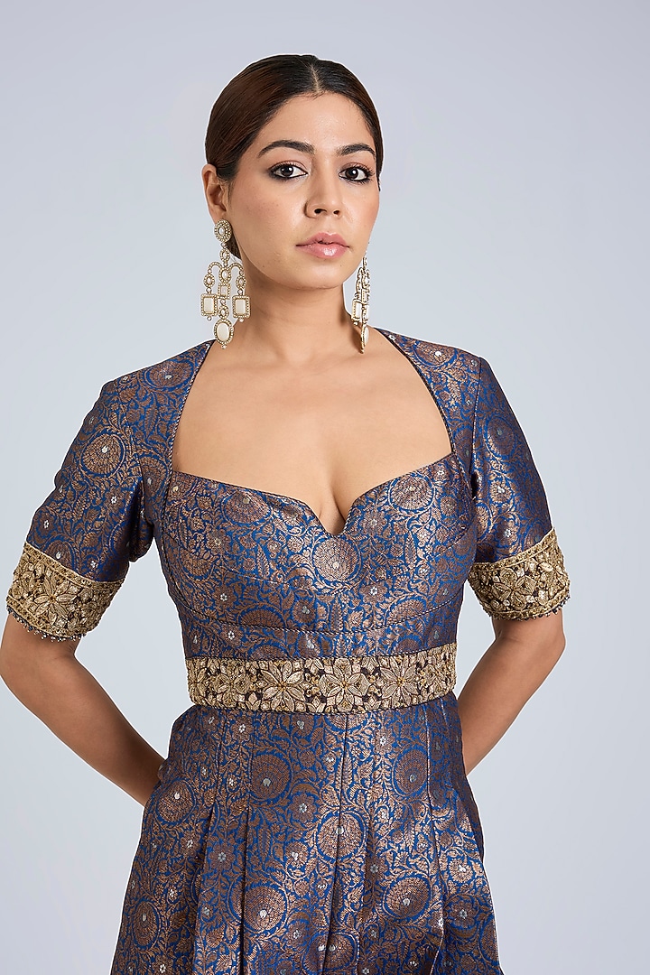 Blue Brocade Floral Woven Jumpsuit by Tarun Tahiliani at Pernia's Pop Up Shop