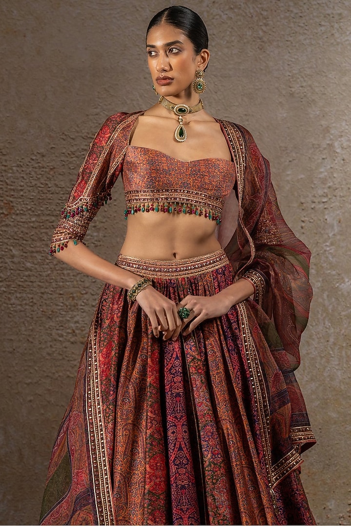 Multi-Colored Chanderi Printed Bridal Lehenga Set by Tarun Tahiliani at Pernia's Pop Up Shop