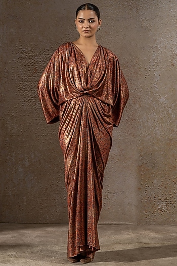 Mustard Foil Jersey Printed Draped Dress by Tarun Tahiliani