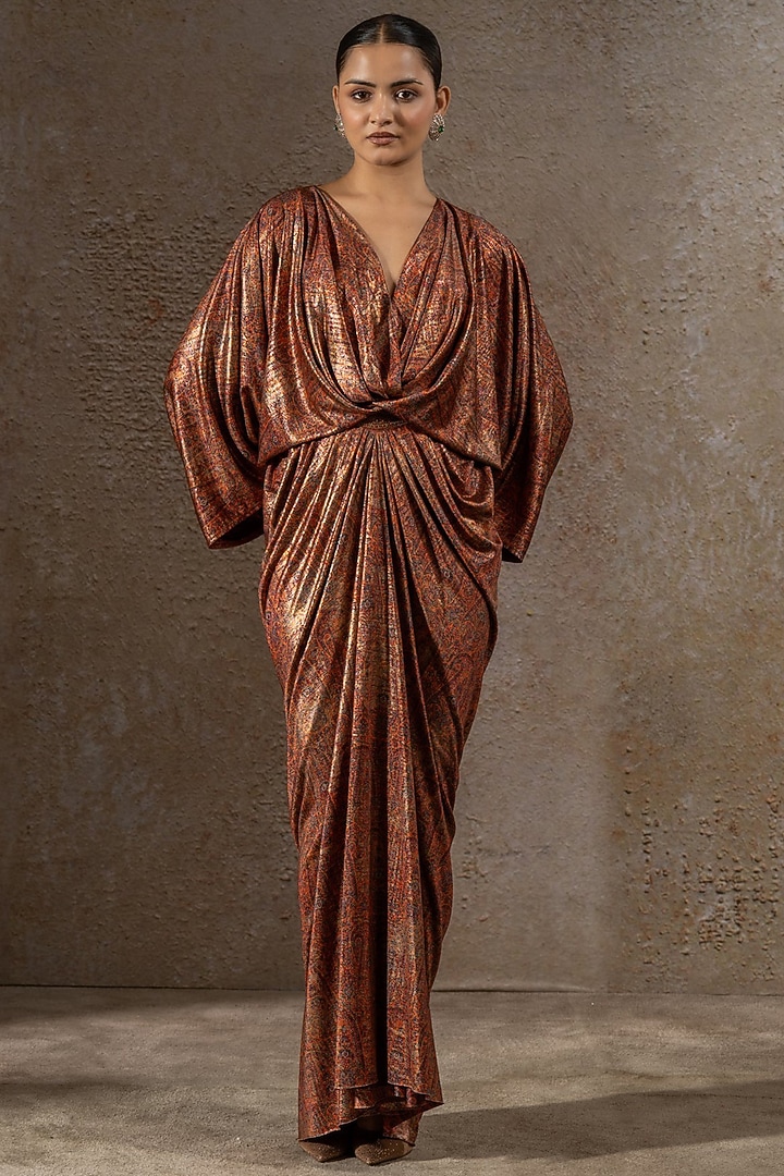 Mustard Foil Jersey Printed Draped Cocktail Dress by Tarun Tahiliani at Pernia's Pop Up Shop