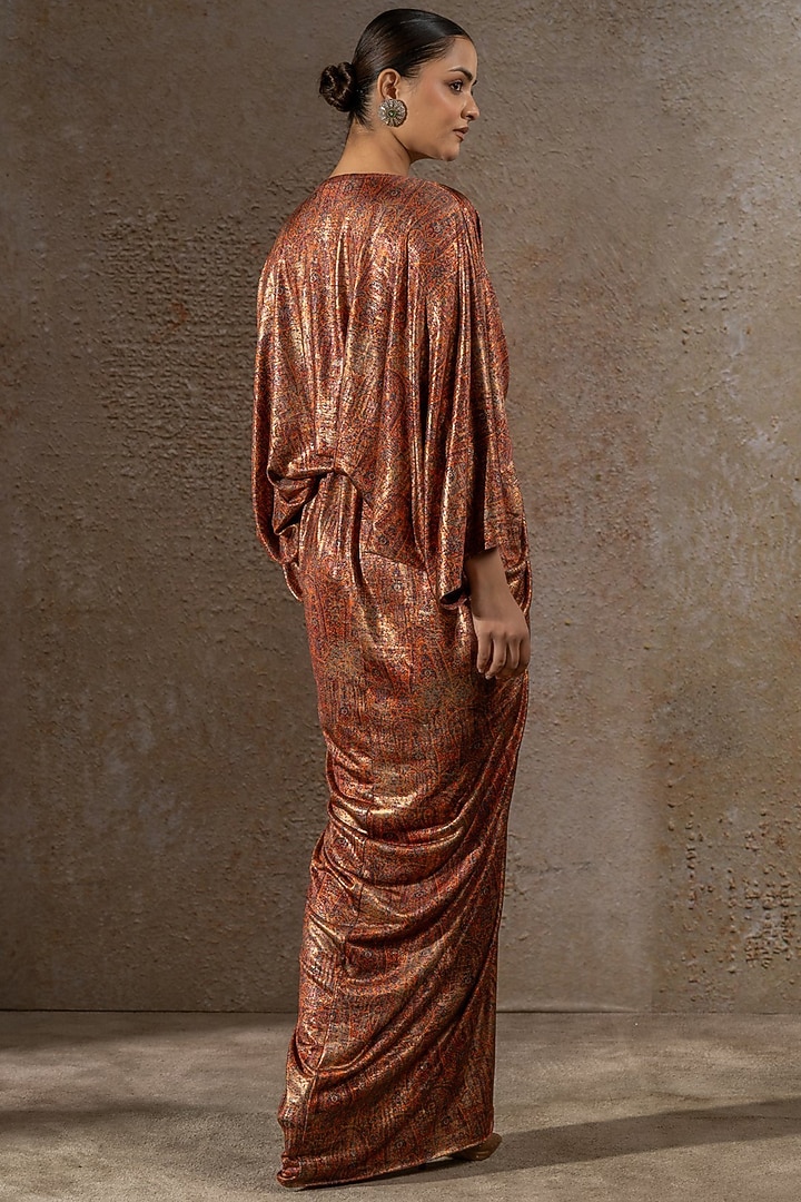 Mustard Foil Jersey Printed Draped Cocktail Dress by Tarun Tahiliani at Pernia's Pop Up Shop