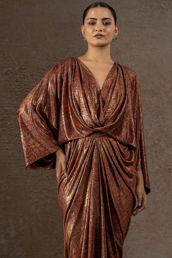 Mustard Foil Jersey Printed Draped Cocktail Dress by Tarun Tahiliani at Pernia's Pop Up Shop
