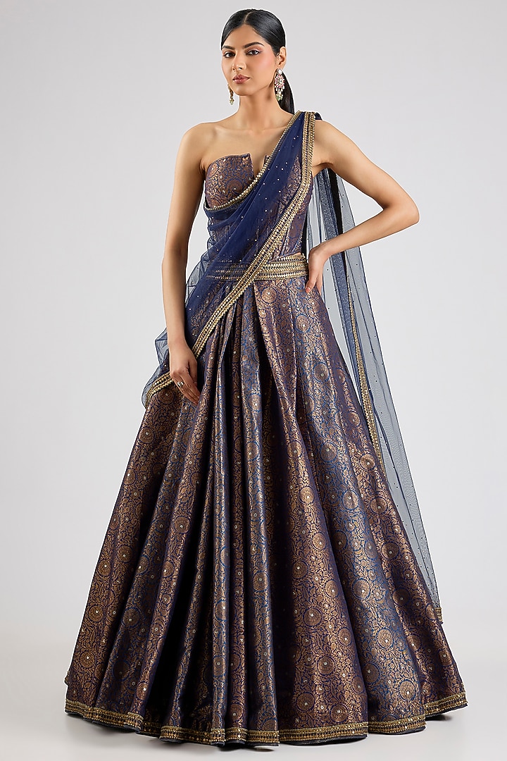 Blue Brocade Bridal Lehenga Set by Tarun Tahiliani at Pernia's Pop Up Shop