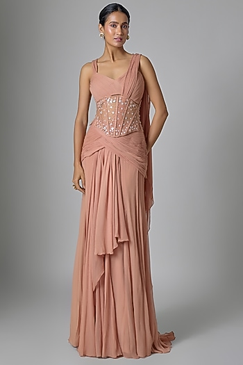 Mocha Brown Chiffon Concept Saree Set by Tarun Tahiliani