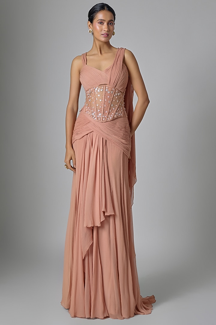 Mocha Brown Chiffon Concept Bridal Saree Set by Tarun Tahiliani at Pernia's Pop Up Shop