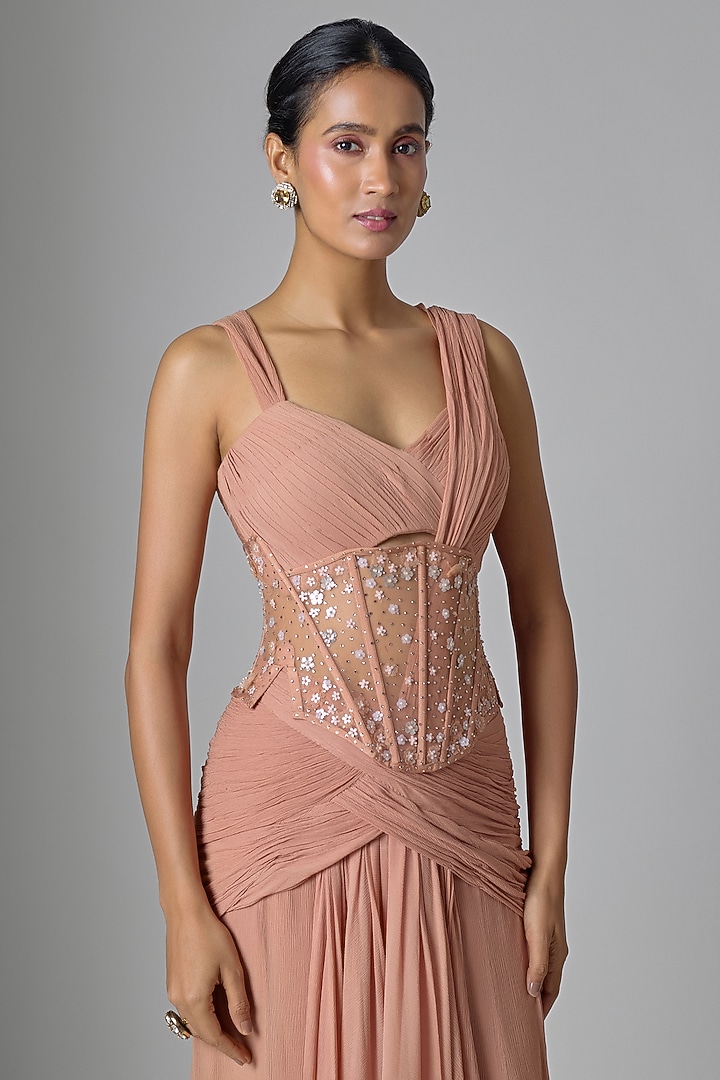 Mocha Brown Chiffon Concept Bridal Saree Set by Tarun Tahiliani at Pernia's Pop Up Shop